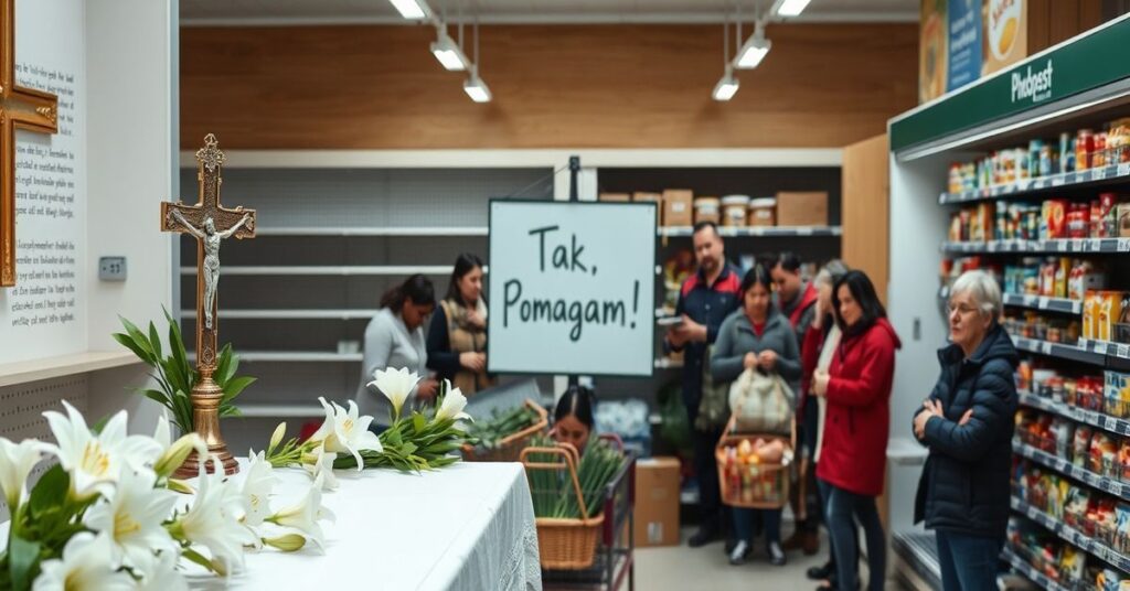 Tradycyjny katolicki ołtarz z liliami i krzyżem na tle sklepu z żywnością w Poznaniu podczas akcji 'Tak. Pomagam!'
