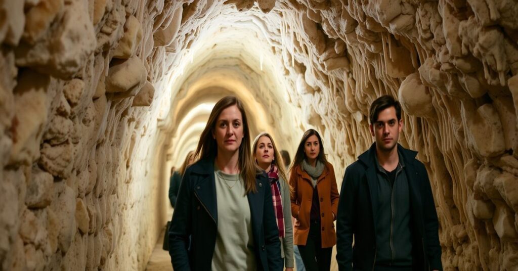 Grupa ludzi spacerująca w podziemiach Kopalni Soli Wieliczka, bez odniesienia do religii lub duchowości.