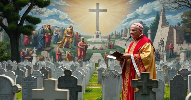 Sobótka cmentarna w Wschowie podczas Dnia Wszystkich Świętych z monumentalnym muralem przedstawiającym Sąd Ostateczny na tle.