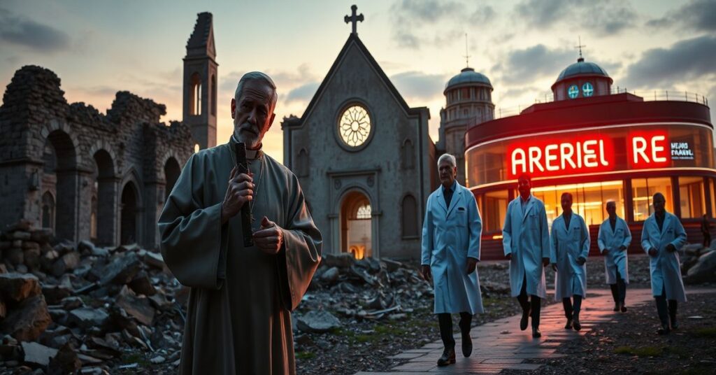 Tradcyjny ksiądz w sutannie stoi przed zrujnowanym kościołem, trzymając złamany krzyż. W tle naukowcy w płaszczach badacza idą ku nowoczesnemu centrum badawczemu. Scena symbolizuje konflikt wiary i naturalizmu.