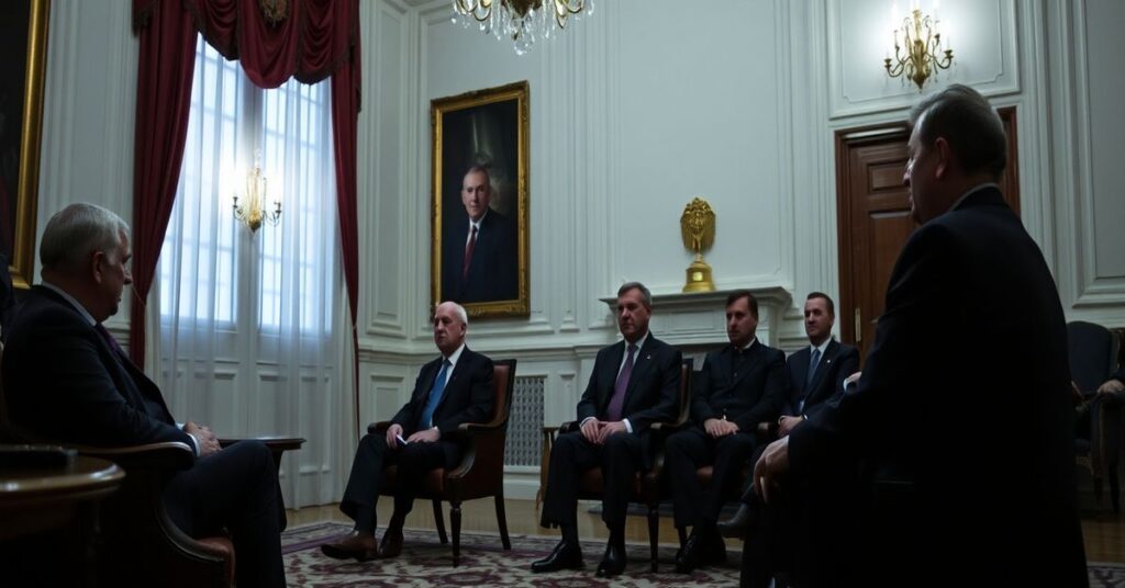 Zdjęcie przedstawiające prezydenta Karola Nawrockiego, premiera Donalda Tuska, szefa MON Władysława Kosiniaka-Kamysza i prezesa NBP Adama Glapińskiego podczas narady w Pałacu Prezydenckim. Scena jest pozbawiona symboli religijnych i wyraża naturalistyczny podejście do władzy.