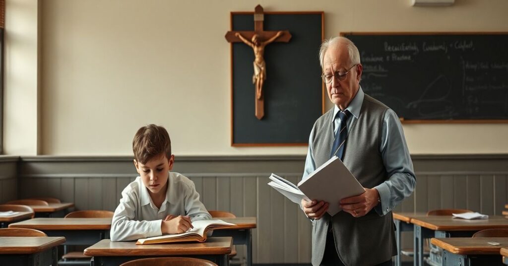 Tradycyjna klasa szkolna z krucyfiksem na ścianie, młodzi uczniowie z trudem czytający podręcznik pod okiem surowego nauczyciela Jerzego Sosnowskiego.