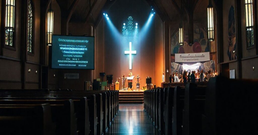 Pusty kościół z nowoczesną sceną zastępującą ołtarz i tablicą z informacjami o synodalnych aktywnościach parafii