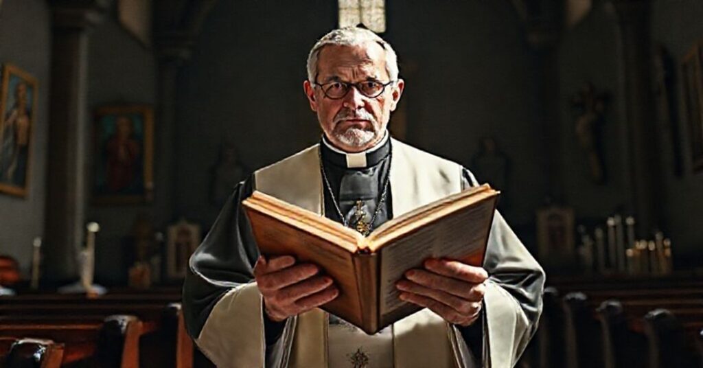 Tradycyjny kapłan w surowym koście symbolizujący redukcję świętości do naturalizmu