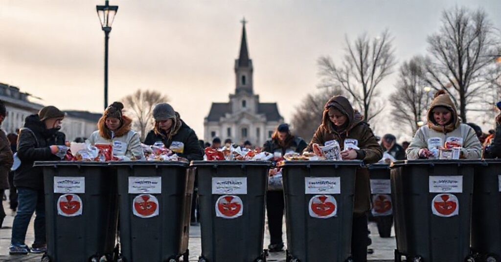 Scena z posoborowej akcji charytatywnej "Caritas" w diecezji zielonogórsko-gorzowskiej, gdzie wolontariusze zbierają żywność bez odniesienia do zbawienia duchowego.