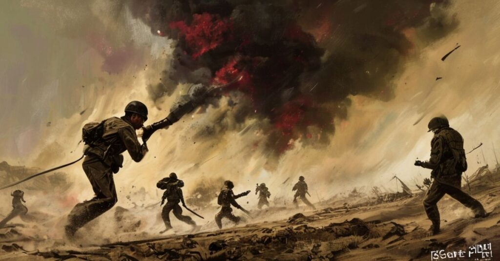 Obraz przedstawia amerykańskiego żołnierza, sierżanta Michaela Ollisa, poświęcającego swoje życie w Afganistanie, aby uratować polskiego kapitana Karola Cierpię.