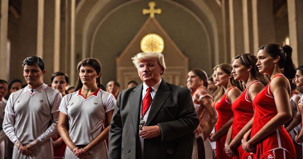 Obraz przedstawiający katolicki widok na naturalny porządek płci w sporcie, z tradycyjnym kościołem na tle.