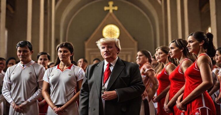 Obraz przedstawiający katolicki widok na naturalny porządek płci w sporcie, z tradycyjnym kościołem na tle.