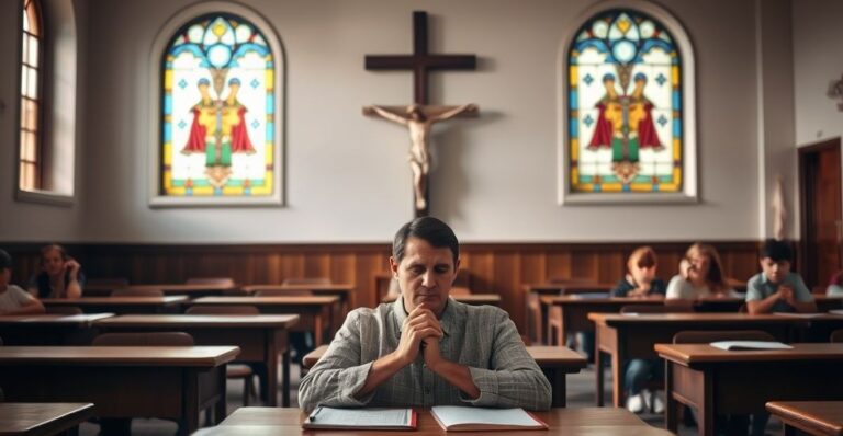 Solemne zdjęcie klasy szkolnej z nauczycielem modlącym się przed krucyfiksem, symbolizujące sakralną misję edukacji w tradycyjnym katolickim podejściu.