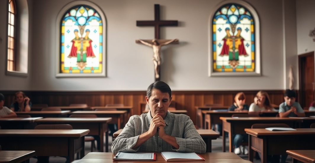 Solemne zdjęcie klasy szkolnej z nauczycielem modlącym się przed krucyfiksem, symbolizujące sakralną misję edukacji w tradycyjnym katolickim podejściu.