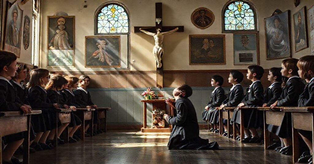 Nauczyciel w sutannie modli się w klasie szkolnej z uczniami w klasycznych mundurach, podświetlone promieniami słonecznymi z witraży.