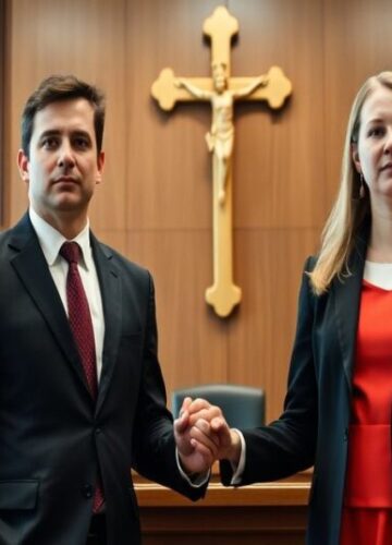 Nauczyciele katolicy przed sądem pracy w Ontario Uroczysty widok nauczycieli katolickich Matt i Nicole Alexander przed Sądem Pracy w Ontario