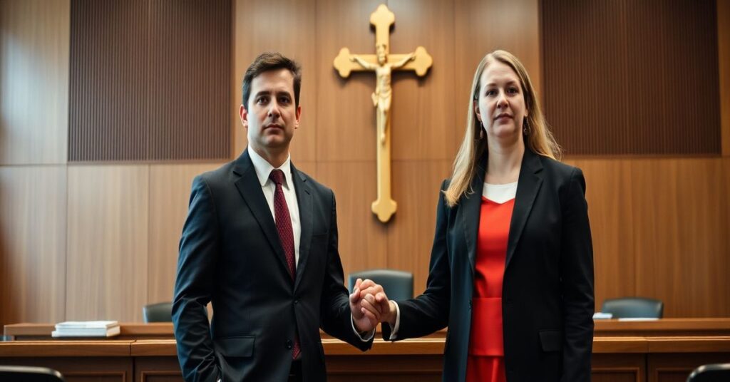 Uroczysty widok nauczycieli katolickich Matt i Nicole Alexander przed Sądem Pracy w Ontario