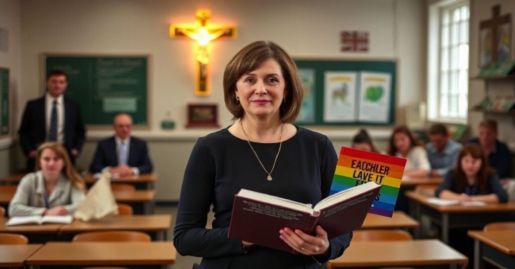 Nauczycielka Carolyn Burjoski w klasie szkolnej trzyma książkę z propagandą LGBT przypatrującej się zakrywającej się za krzyżem. Tło to tradycyjna klasa szkolna z niechętną radą szkolną na tle.
