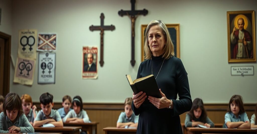 Nauczycielka Kimberly Polk w klasie szkolnej z krzyżem na tle - symbolizuje walkę katolickich nauczycieli z ideologią genderową