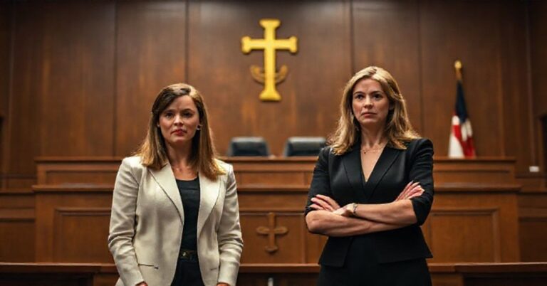 Rachel Sager i Katie Medart w sali sądowej przed symbolem katolickim, symbolizującą konflikt między prawem boskim a światowym w sprawie edukacji genderowej.