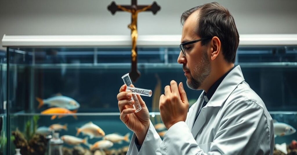 Obraz przedstawiający katolickiego naukowca w laboratorium, modlącego się przed krzyżem, z probówką zawierającą DNA ryb, symbolizującymi badania dr. Krzysztofa Rakusa nad rybożerctwem i szczepionkami mRNA. Scena podkreśla brak odniesienia do Chrystusa jako Króla w współczesnej nauce.