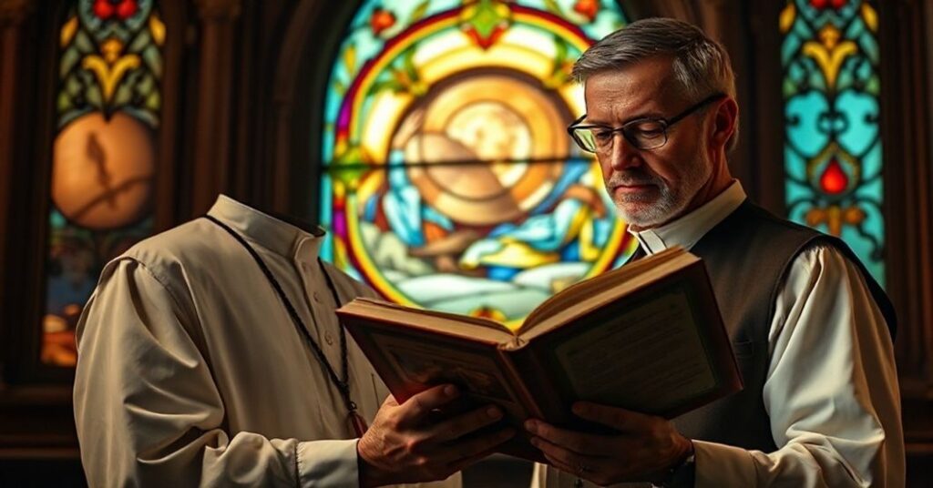 Naukowiec w tradycyjnym stroju katolickim bada marsjański krajobraz z teologicznej perspektywy