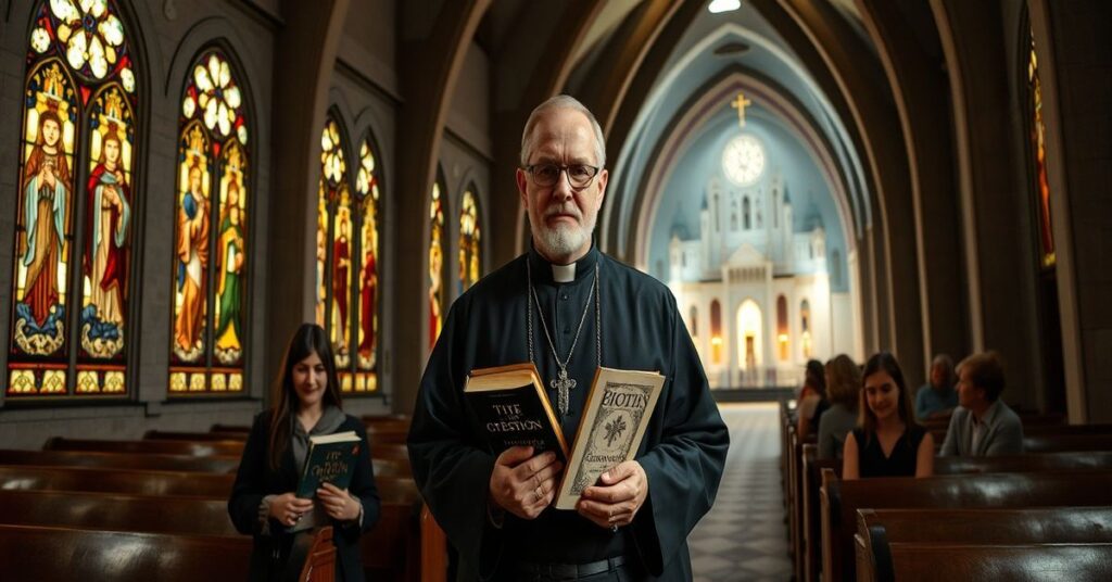 Tradycyjny katolicki ksiądz sedewakantysta stoi przed zdewastowanym wnętrzem nowoczesnej kościelnej budowli w USA. Młode dorosłe trzymają modernistyczne katechizmy i wyglądają zdeklarowani. Tło przedstawia symboliczny kontrast między zdewastowaną nowoczesnością a prawdziwą tradycyjną świątynią.