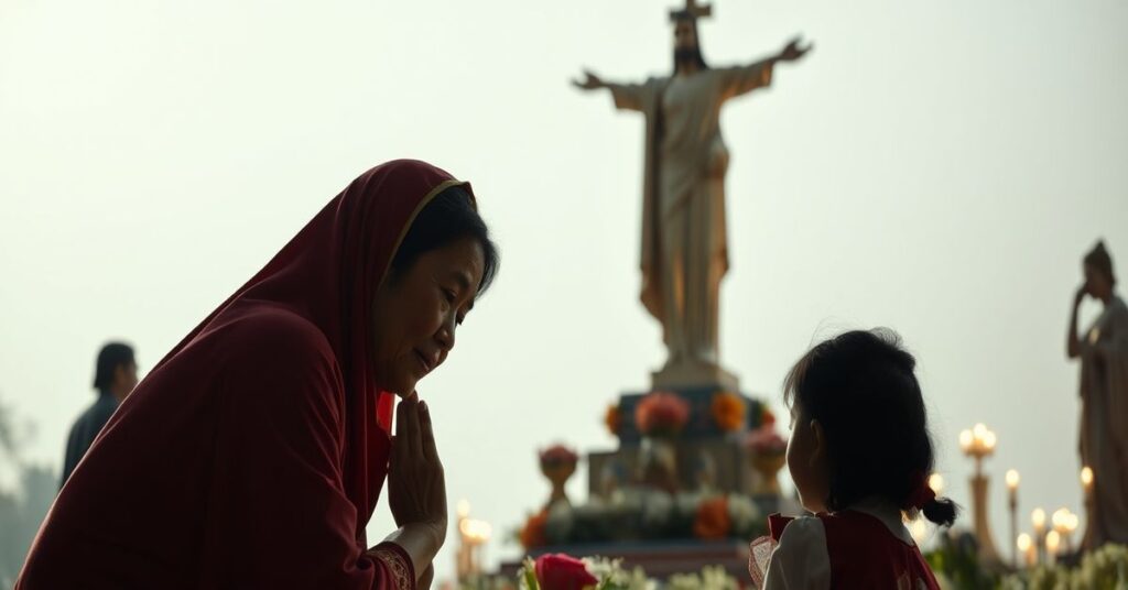 Kobieta modli się z córką przed pomnikiem Chrystusa Króla w Vung Tau
