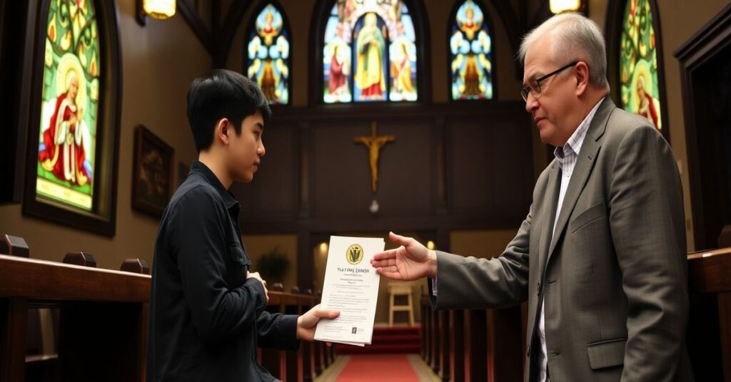 Młody student Davis w tradycyjnym kościele katolickim trzyma ulotki o nowej mszy, podczas gdy Robert Manoogian z grupy "Catholic Gators" już go witam.
