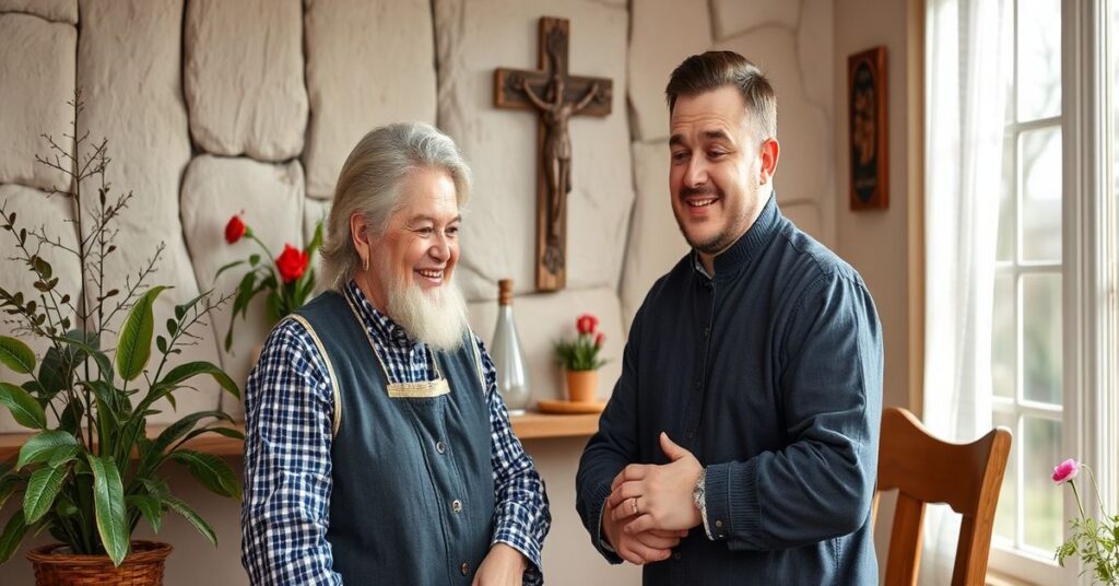 Mężczyzna modli się w tradycyjnej kaplicy katolickiej przed kapłanem trzymającym hostię