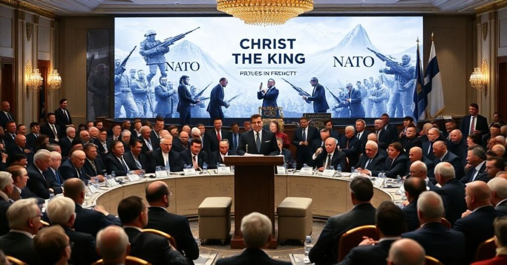 Scena z Forum Ekonomicznego w Davos z udziałem Karola Nawrockiego, Marka Rutte i Aleksandra Stubba, ukazująca apostazję i odrzucenie władzy Chrystusa