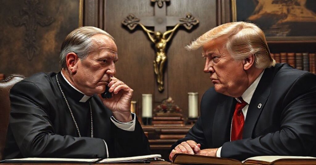 Serdeczna rozmowa telefoniczna między Karolem Nawrockim a Donaldem Trumpem w tradycyjnym katolickim biurze z krzyżem i księgami religijnymi na tle.