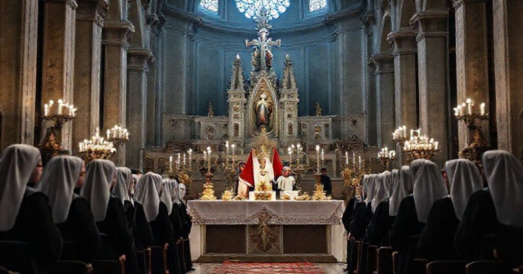 Nazaretanki przy modernistycznym ołtarzu w Bazylice Santa Maria Maggiore w Rzymie podczas profanowanej "Eucharystii" z fałszywymi kardynałami i ambasadorem.