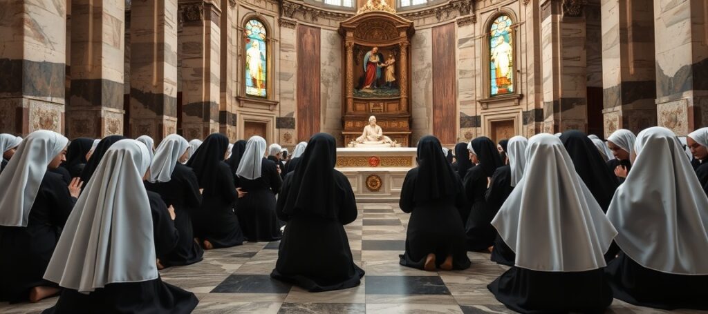 Siostry Nazaretanki modlące się przed grobem antipapieża Jana Pawła II w bazylice św. Piotra w Rzymie – symbol apostazji i fałszywej pobożności w strukturach okupujących Watykan
