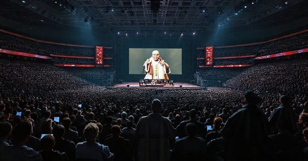 Zdjęcie przedstawiające konferencję NCYC 2025 w Indianapolis, gdzie młodzi katolicy uczestniczą w cyfrowym spotkaniu z antypapieżem Leonem XIV (Robert Prevost) na stadionie Lucas Oil Stadium.