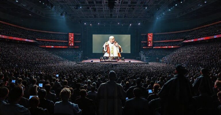 Zdjęcie przedstawiające konferencję NCYC 2025 w Indianapolis, gdzie młodzi katolicy uczestniczą w cyfrowym spotkaniu z antypapieżem Leonem XIV (Robert Prevost) na stadionie Lucas Oil Stadium.