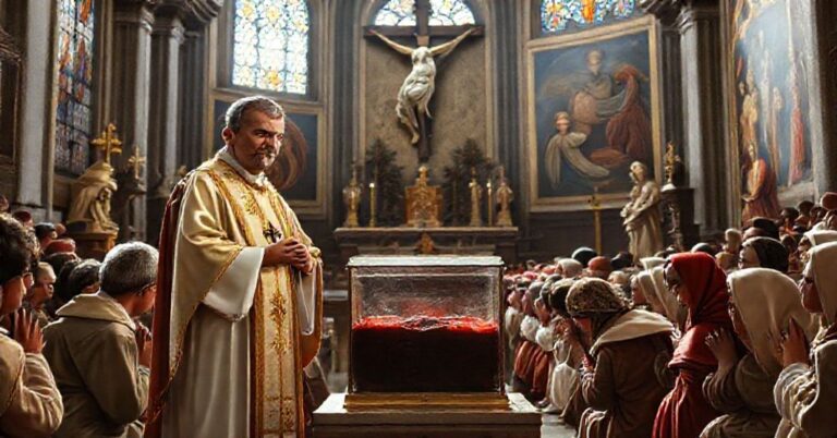 Tradycyjna katolicka reprezentacja rzekomego "cudu krwi" w Neapolu z postacią duchownego w tradycyjnych szatach liturgicznych przed relikwiarzem