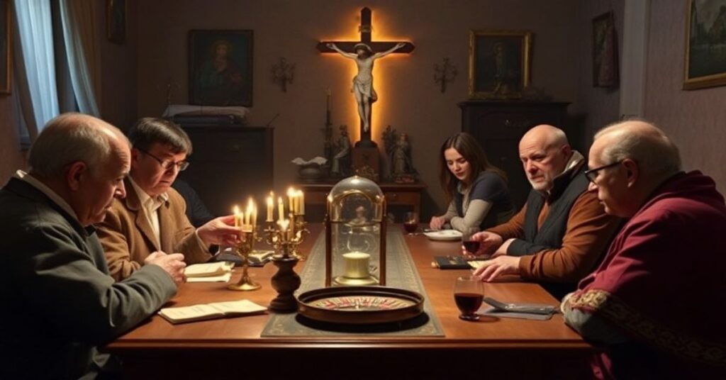 Tradycyjna neapolitańska rodzina z religijnymi ikonami w pokoju z cieniu grami hazardowymi na stole