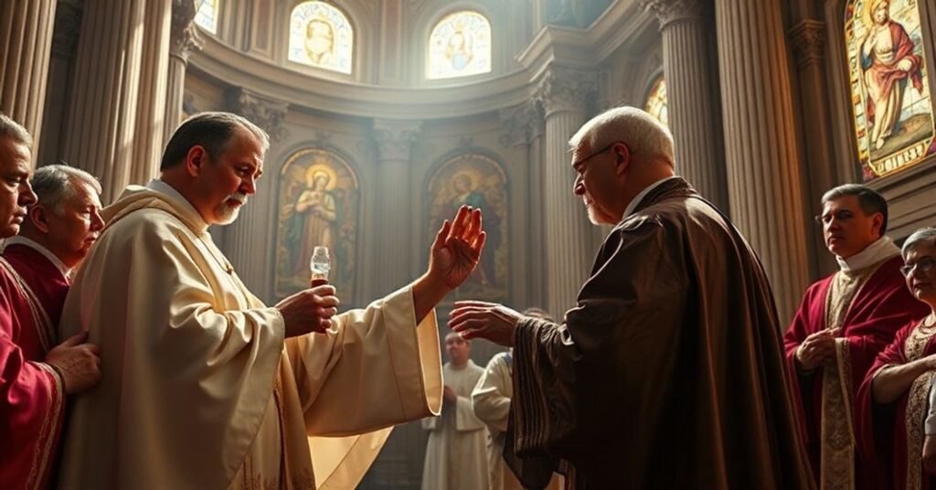 Wnętrze neapolitańskiej katedry podczas rytuału upłynnienia krwi św. Januarego z ks. De Gregorio trzymającym fiolkę z krwią.