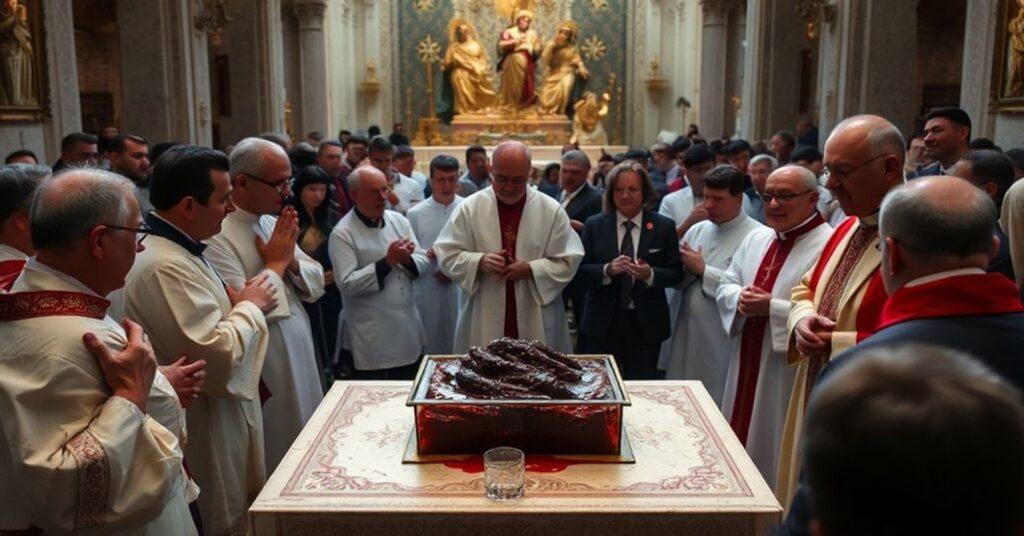 Uroczysty katolicki obrzęd w Neapolu przedstawiający kwestionowany cud krwi św. Januarego z relikwiarzem na ołtarzu