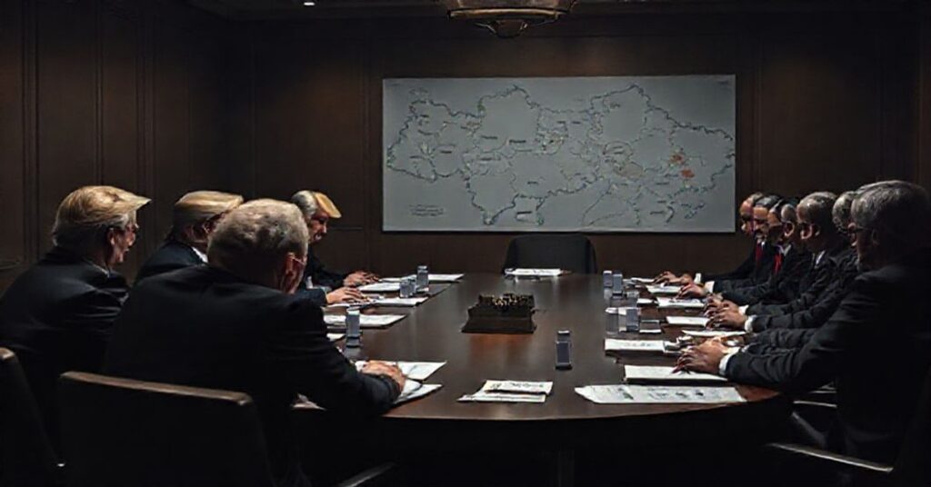 Seriousne negocjacje polityczne w sali konferencyjnej bez odniesienia do Chrystusa Krola