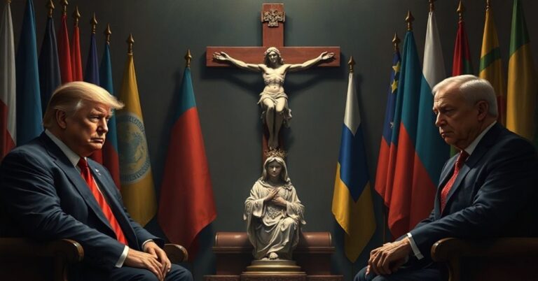 Sobór katolicki przedstawiający negocjacje pokojowe między Trumpem, Putinem i Zeleńskim bez uwzględnienia Chrystusa Króla