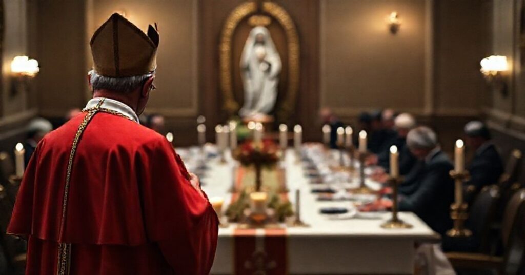 Kapelan w tradycyjnych szatach modli się przed ołtarzem z obrazem Matki Boskiej Fatimskiej na tle współczesnych negocjacji pokojowych.