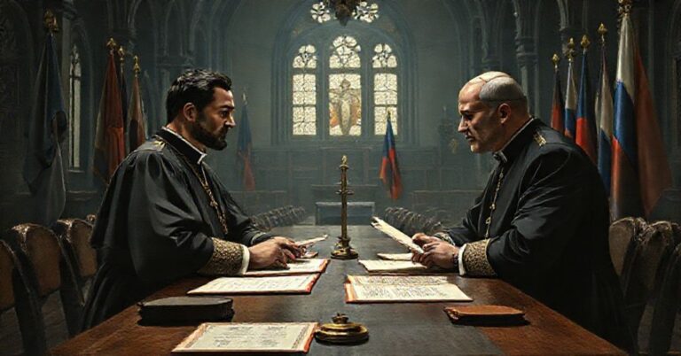 Obraz przedstawiający spotkanie Marco Rubio i Rustema Umierowa w tle kościoła symbolizujące negocjacje bez uwzględnienia panowania Chrystusa