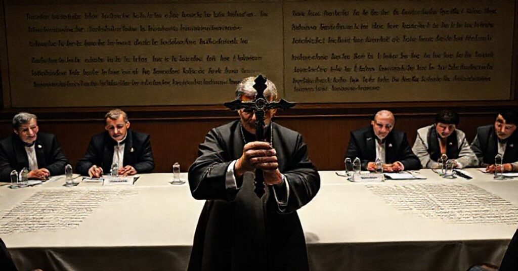 Scena negocjacji w Genewie z prezydentem Zełenskim i dyplomatami przy stole konferencyjnym z księdzem trzymającym krzyż w tle