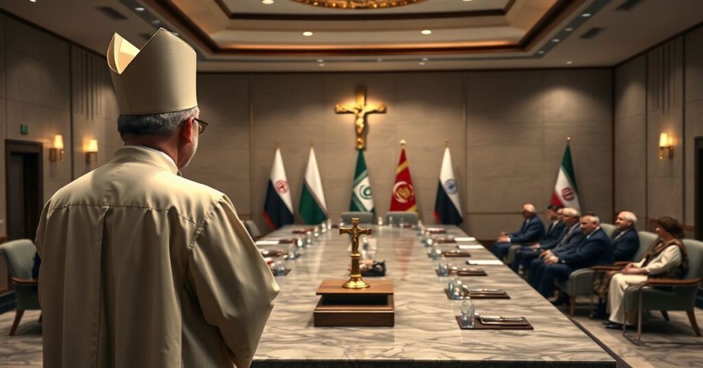 Ksiądz w tradycyjnych szatach modli się przed ołtarzem z krzyżem w tle negocjacji pokojowych w Islamabadzie. Scena podkreśla brak Chrystusa w współczesnej dyplomacji.