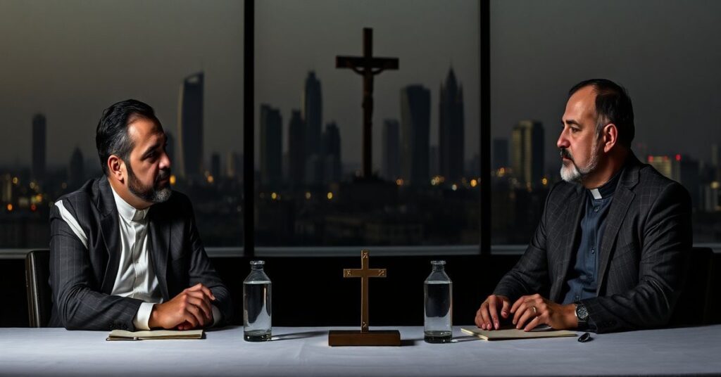 Naturalistyczny obraz negocjacji pokojowych w Abu Zabi z Rustemem Umierowem, Jaredem Kushnerem i Andriyem Hnatovem. Widoczne jest tło z nowoczesnym widokiem Abu Zabi i subtelną ikonografią Chrystusa Króla.