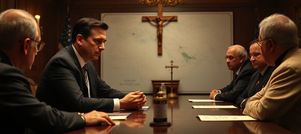 Obraz przedstawiający serię Marco Rubio i irańskich urzędników w zostało miejscu negocjacji, symbolizujący duchową pustkę światowych negocjacji bez Chrystusa Króla.
