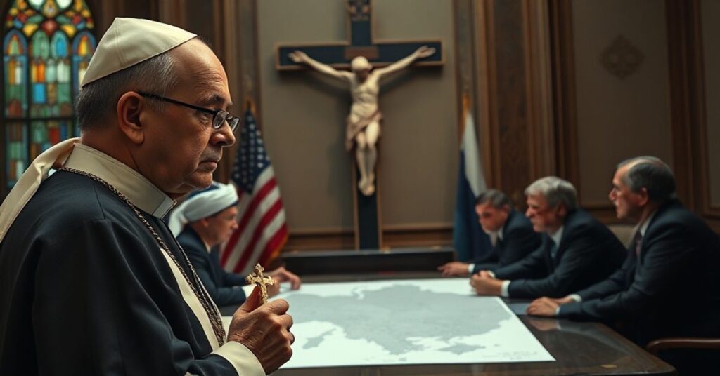 Scena katolicka przedstawiająca negocjacje między USA a Rosją w Abu Zabi, z krucyfiksem i księdzem w tle