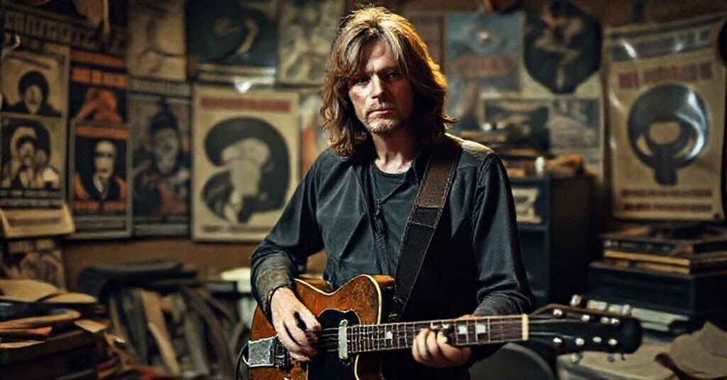 Portret Neila Younga w melancholijnym studiu muzycznym, symbolizujący puste duchowe ideały kontrkultury