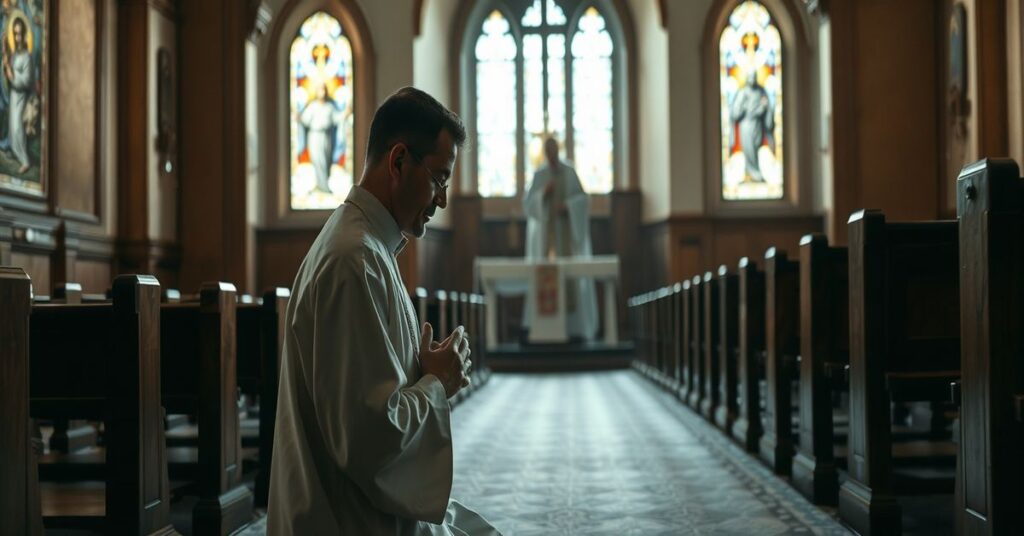 Tradycyjny katolicki wnętrze kościoła z samotnym księdzem modlącego się przed tabernakulum.