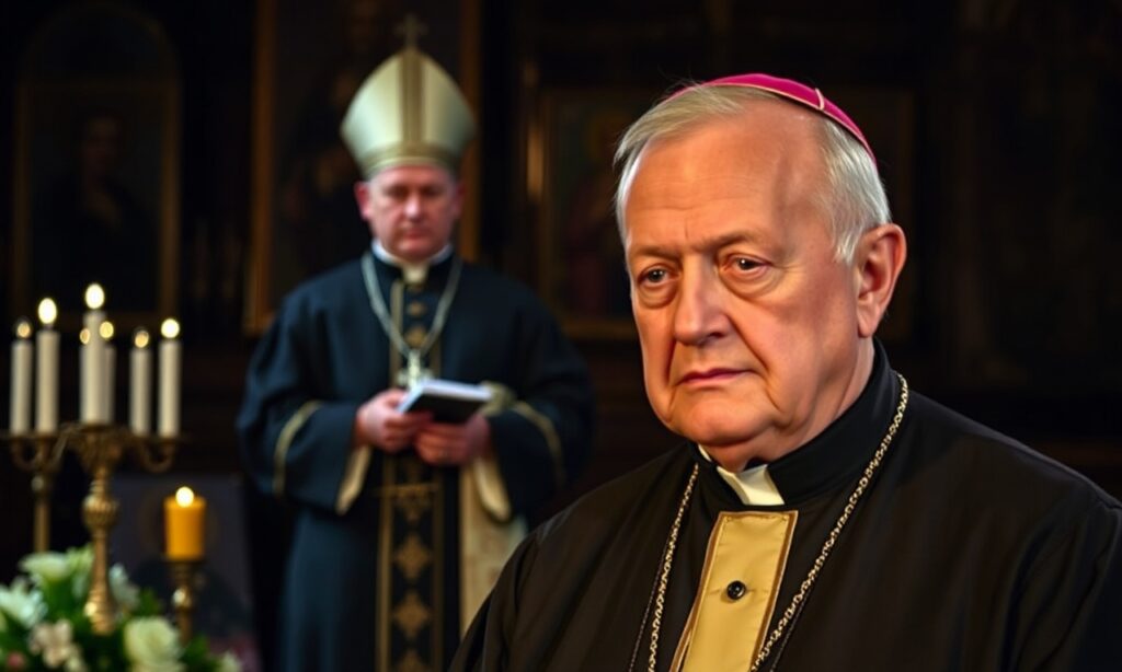 Obraz przedstawiający archidiecezję Józefa Michalika i arcybiskupa Wojciecha Polaka w tradycyjnym katolickim otoczeniu.