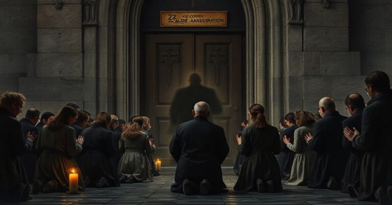 Grupa wierzących modlących się przed zamkniętymi drzwiami kościoła z napisem '22 października 1978 - Fałszywa inauguracja', w tle postać Janusza Pawła II w mglistej formie.