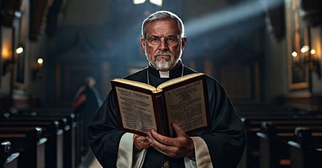 Sobór katolicki z tradycyjnym księdzem trzymającym książkę z nowoczesnymi reinterpretacjami Pisma Świętego